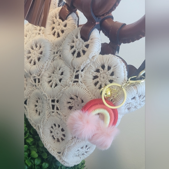 Colorful Rainbow Keychain with Pink Fur - Picture 3 of 5